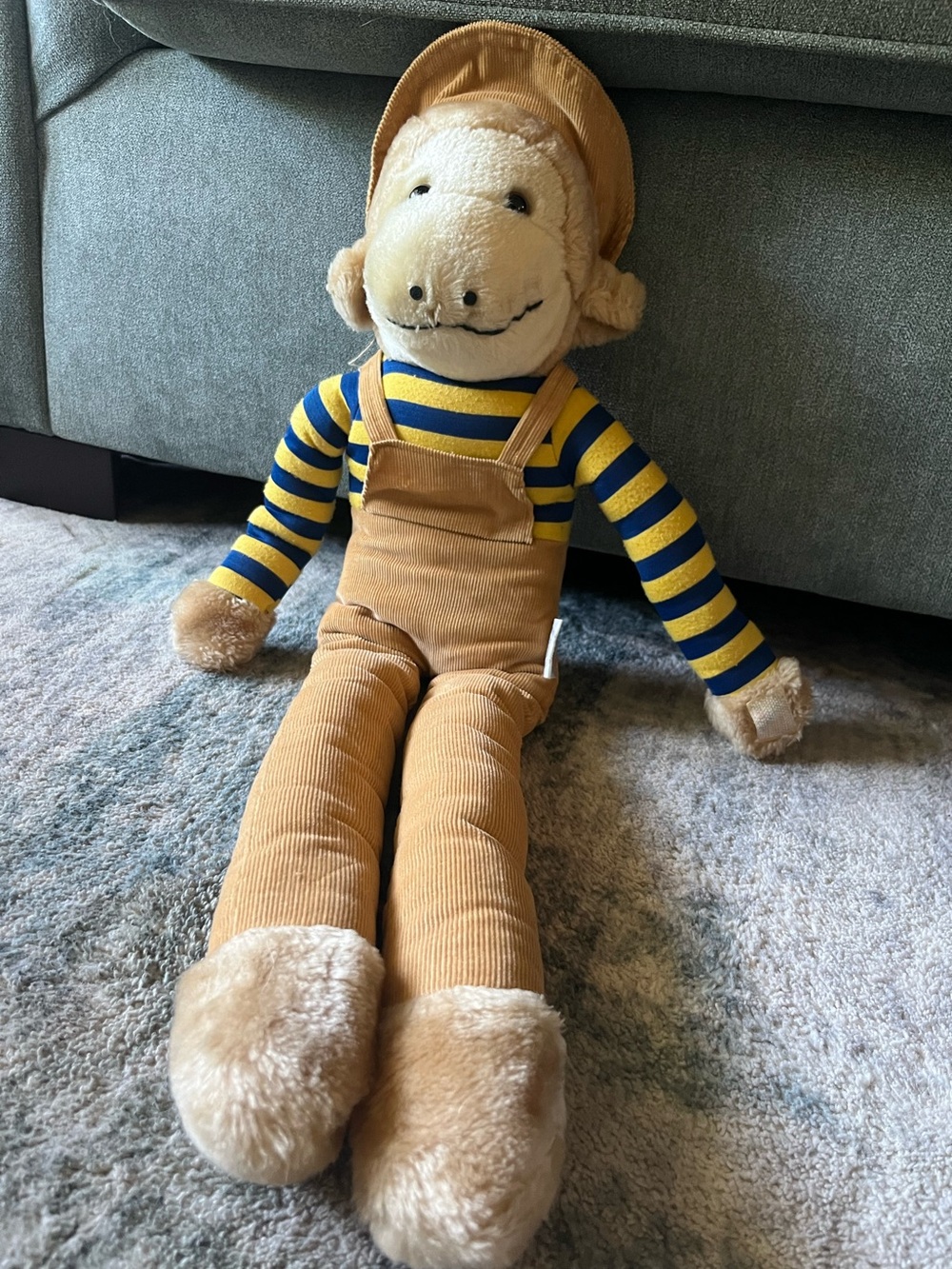 Vintage Knee Hugger Monkey Stuffed Animal Plush Striped Overalls